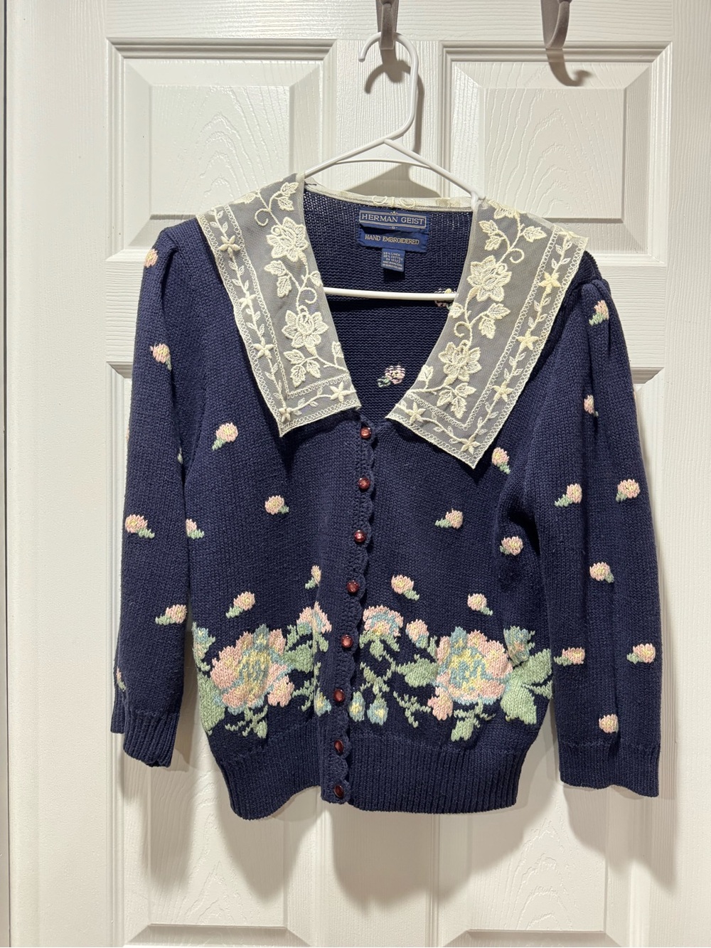 Charming Navy Floral Knit Cardigan Lace Collar Hand Embroidered Feminine Style
